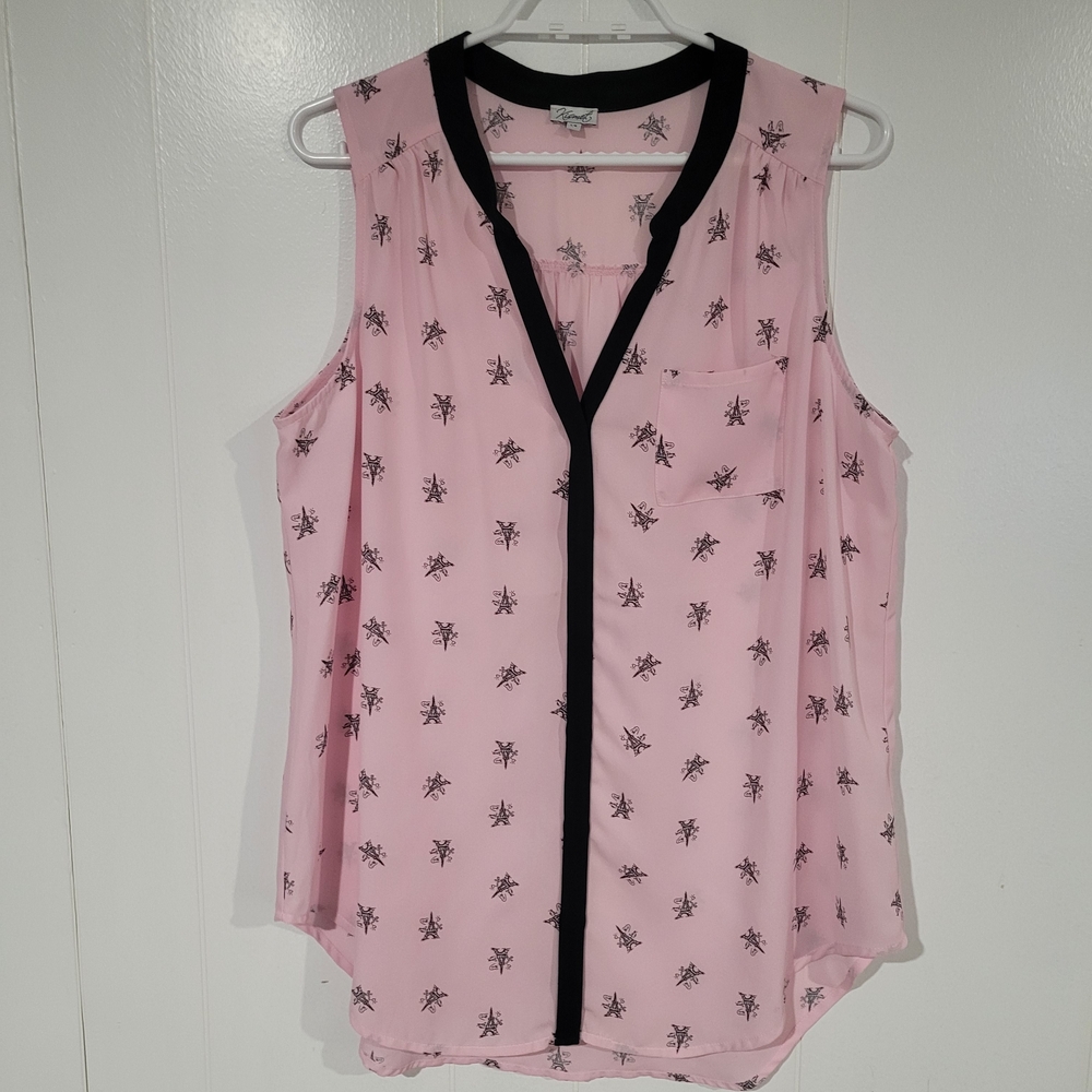 Pink Sleeveless Blouse with Black Trim And Eiffle Tower Print.